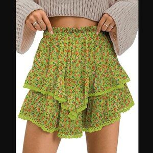 Tarse Green Floral Layered Mini Skort S